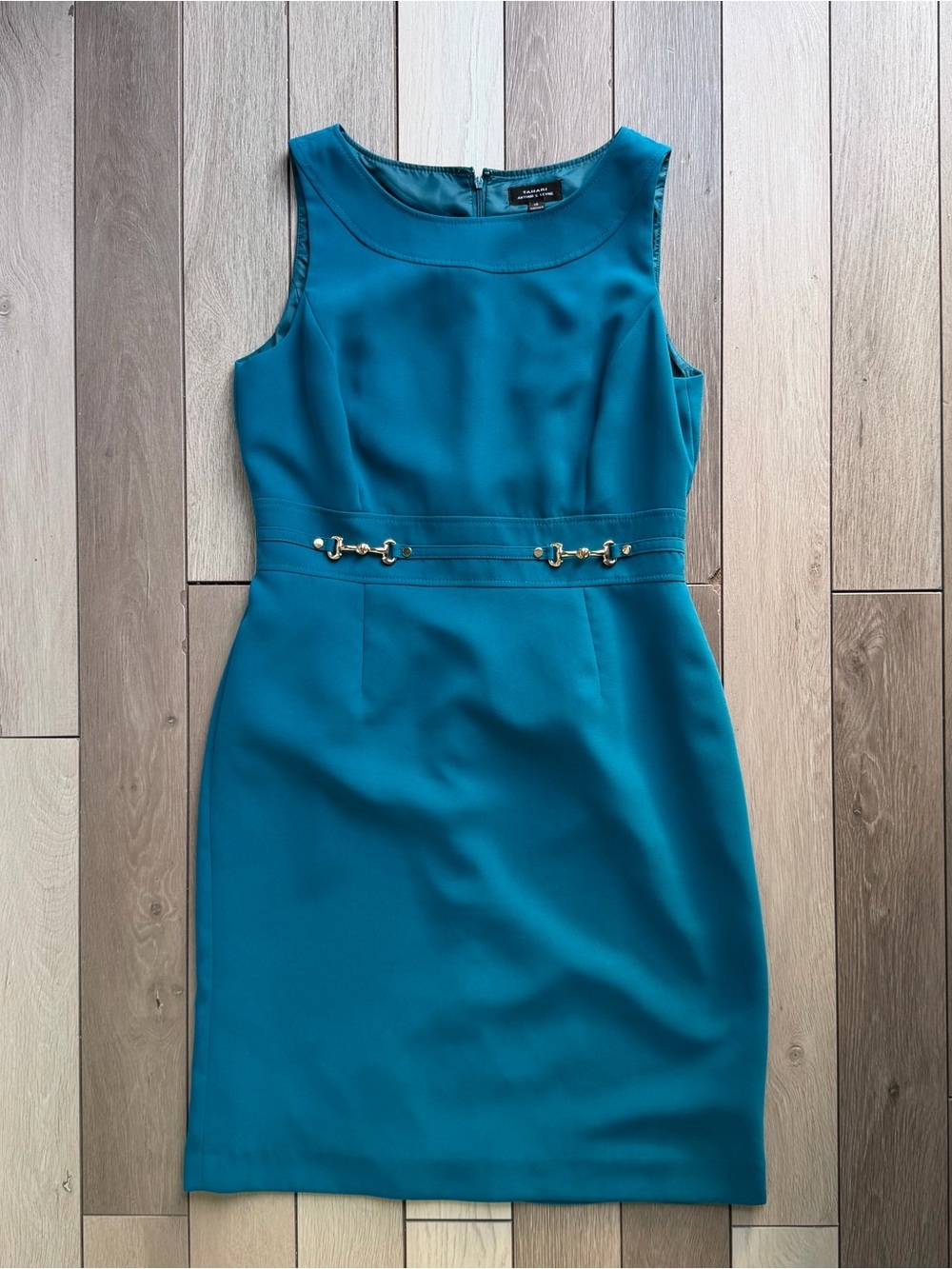 Tahari Sleeveless Teal Sheath Dress with Gold Accent